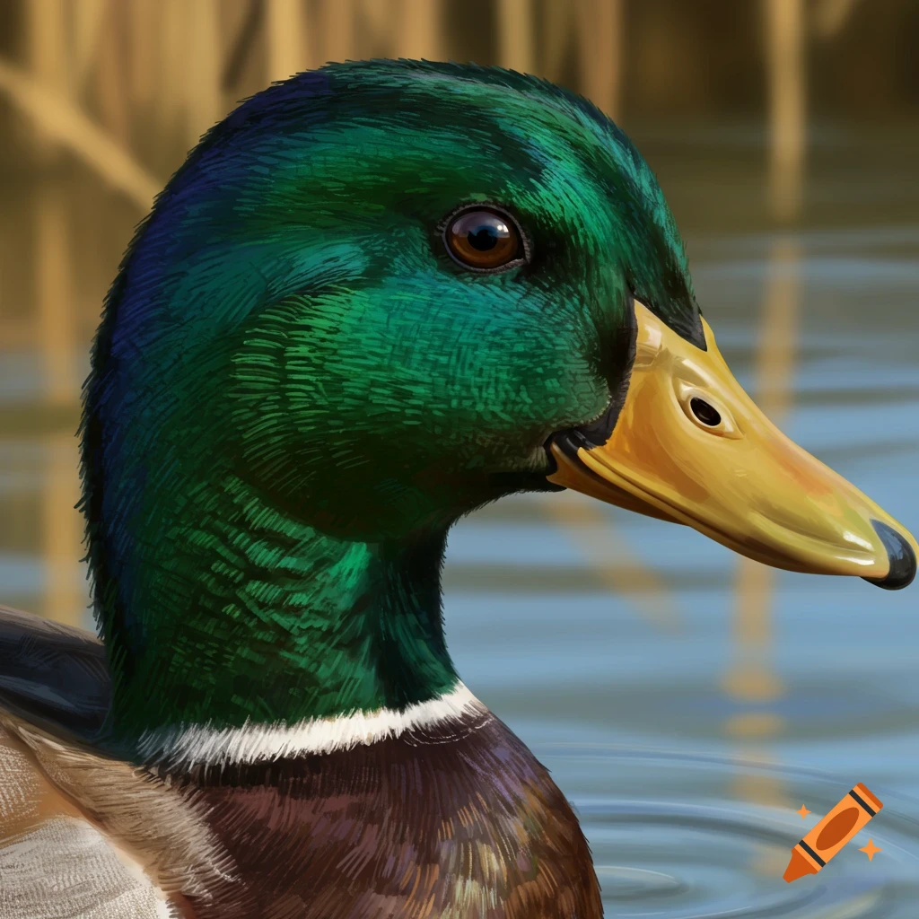 Photorealistic close-up of a mallard duck's head with vibrant green feathers and yellow beak, floating on water.