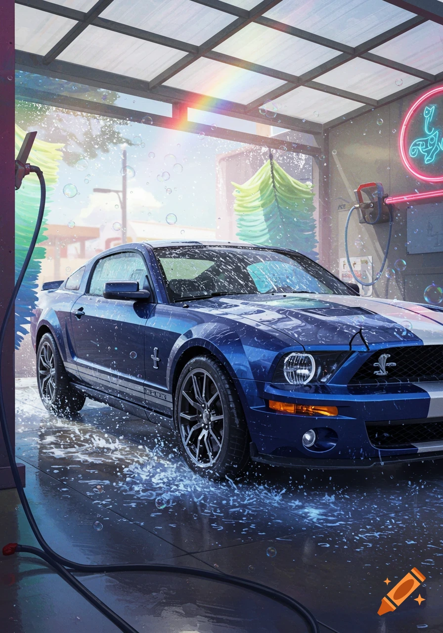 A blue Ford Mustang Shelby with white racing stripes gets washed in an automatic car wash, with water and suds splashing around it, and a rainbow arc in the background.