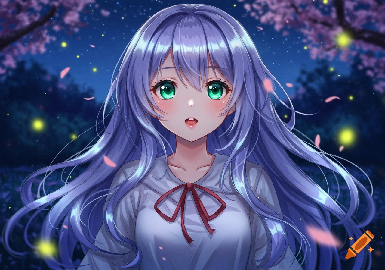 Anime girl with long lavender hair, green eyes, white shirt, and red bow, surrounded by fireflies and pink petals at night.