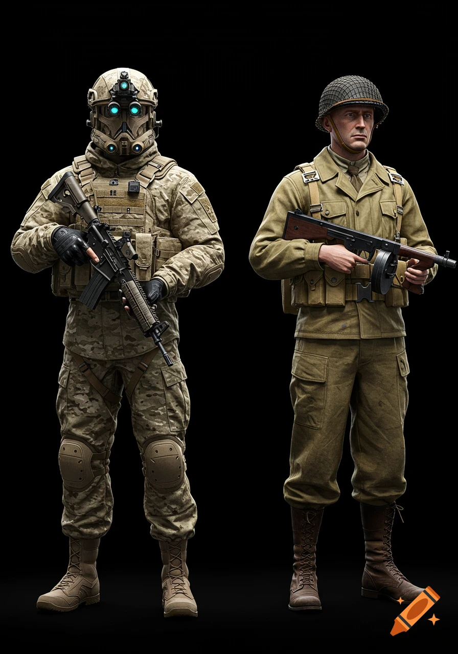 A modern soldier in camouflage and a WWII soldier in an olive uniform stand side-by-side, both holding rifles.