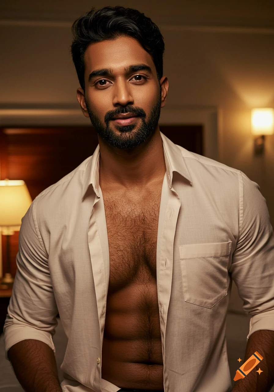 Photorealistic portrait of a handsome South Asian man with a beard and chest hair, wearing an unbuttoned shirt in a dimly lit bedroom.