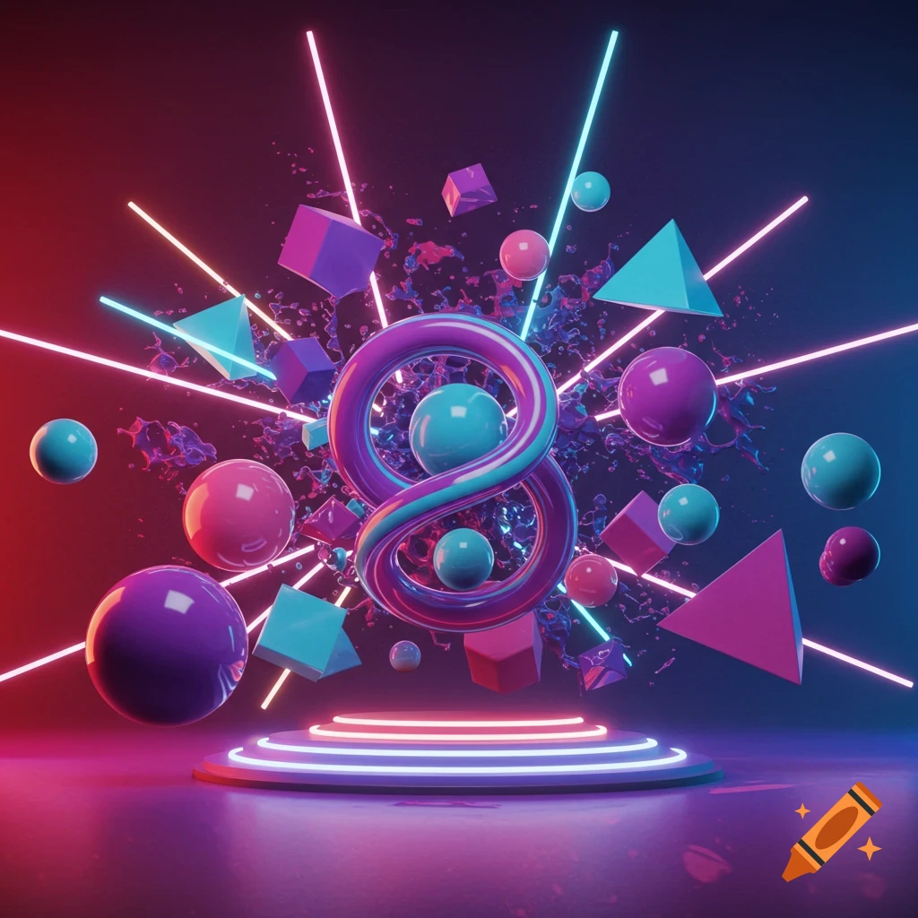 Vibrant 3D render of abstract geometric shapes and a twisted ring floating above a neon-lit circular platform against a blue and red gradient background.