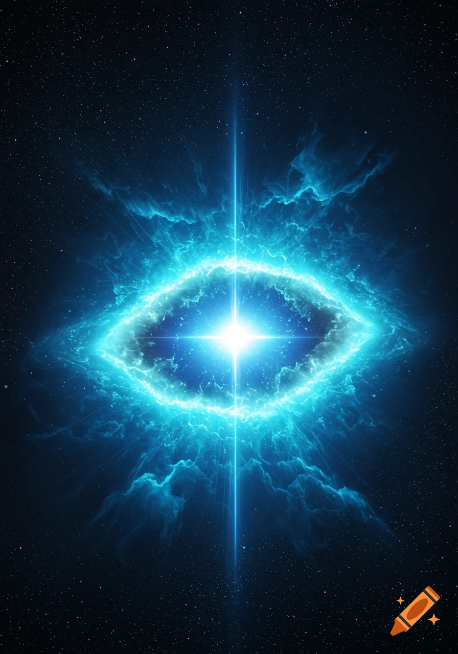 A vibrant blue nebula in space, resembling a cosmic eye with bright swirling energy.