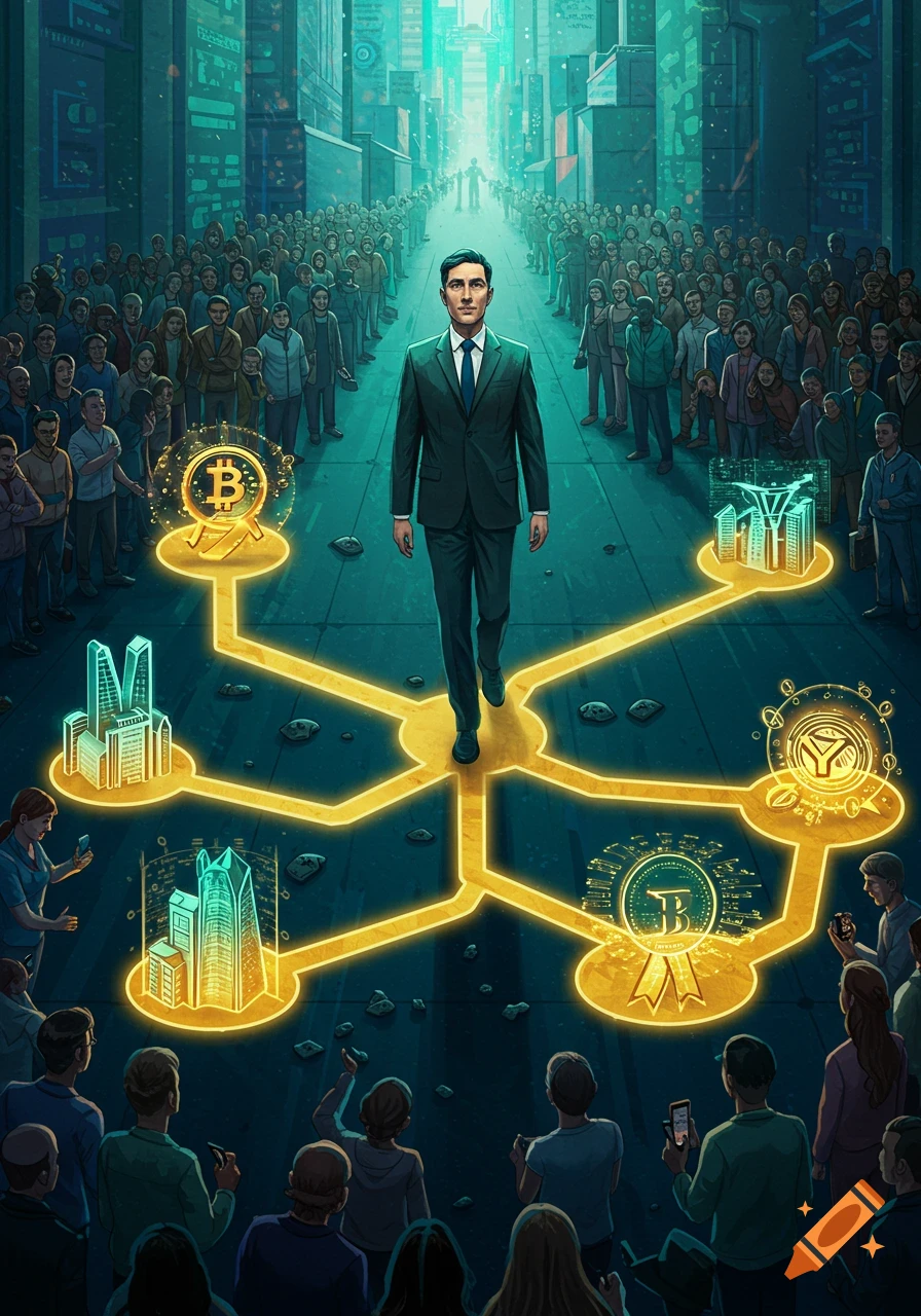 A man in a suit walks down a glowing path, surrounded by a crowd, with symbolic financial pathways leading to glowing bitcoin symbols and futuristic buildings.