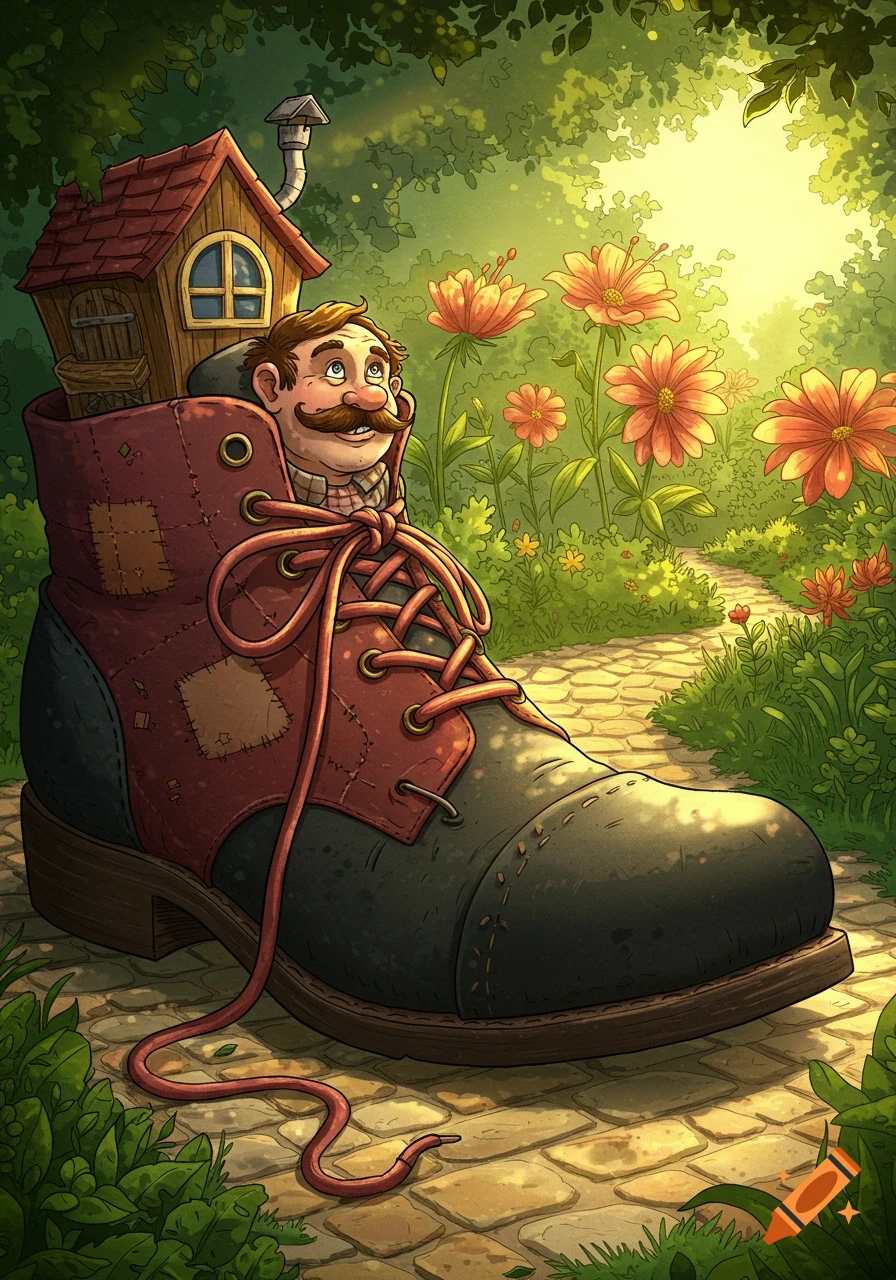 A whimsical illustration of a man with a mustache living in a giant boot house on a garden path filled with flowers and sunlight.