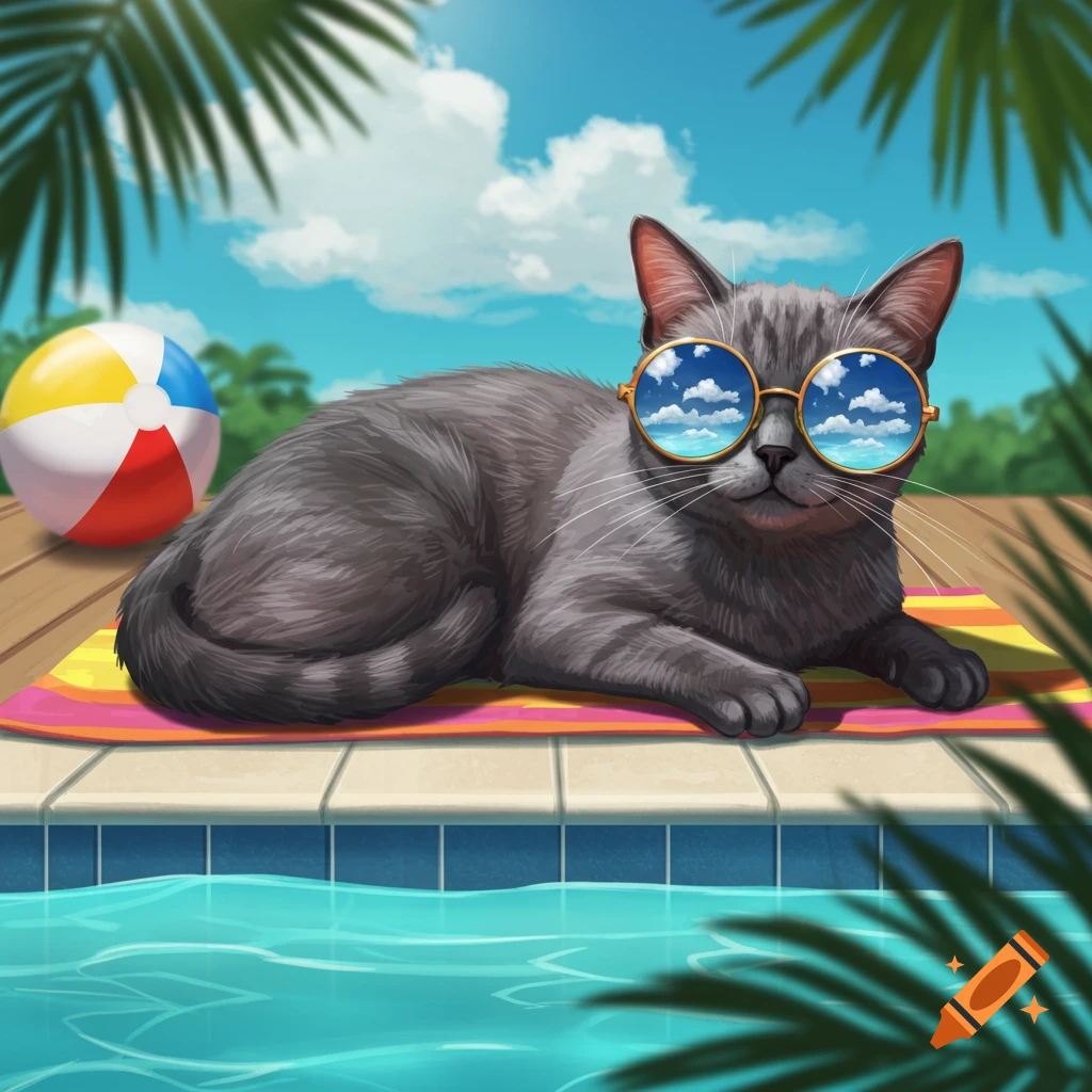 An illustrated grey cat in round sunglasses relaxes on a striped towel by a pool with a beach ball and palm leaves.