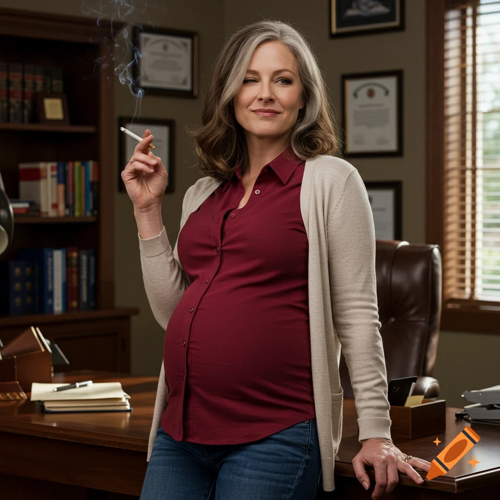 A pregnant woman with graying hair in an office winks while smoking a cigarette, leaning on a desk. She wears a red shirt and jeans.