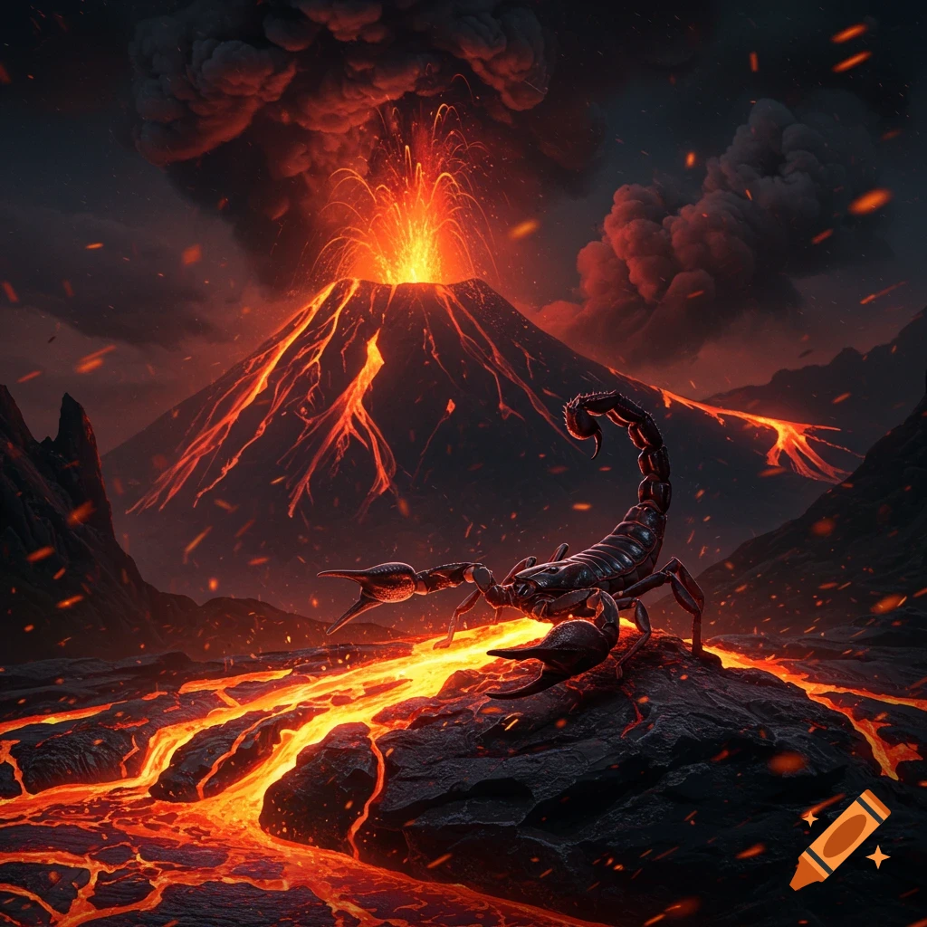 A black scorpion stands on molten rock with an erupting volcano in the fiery background, casting an intense, dramatic glow.