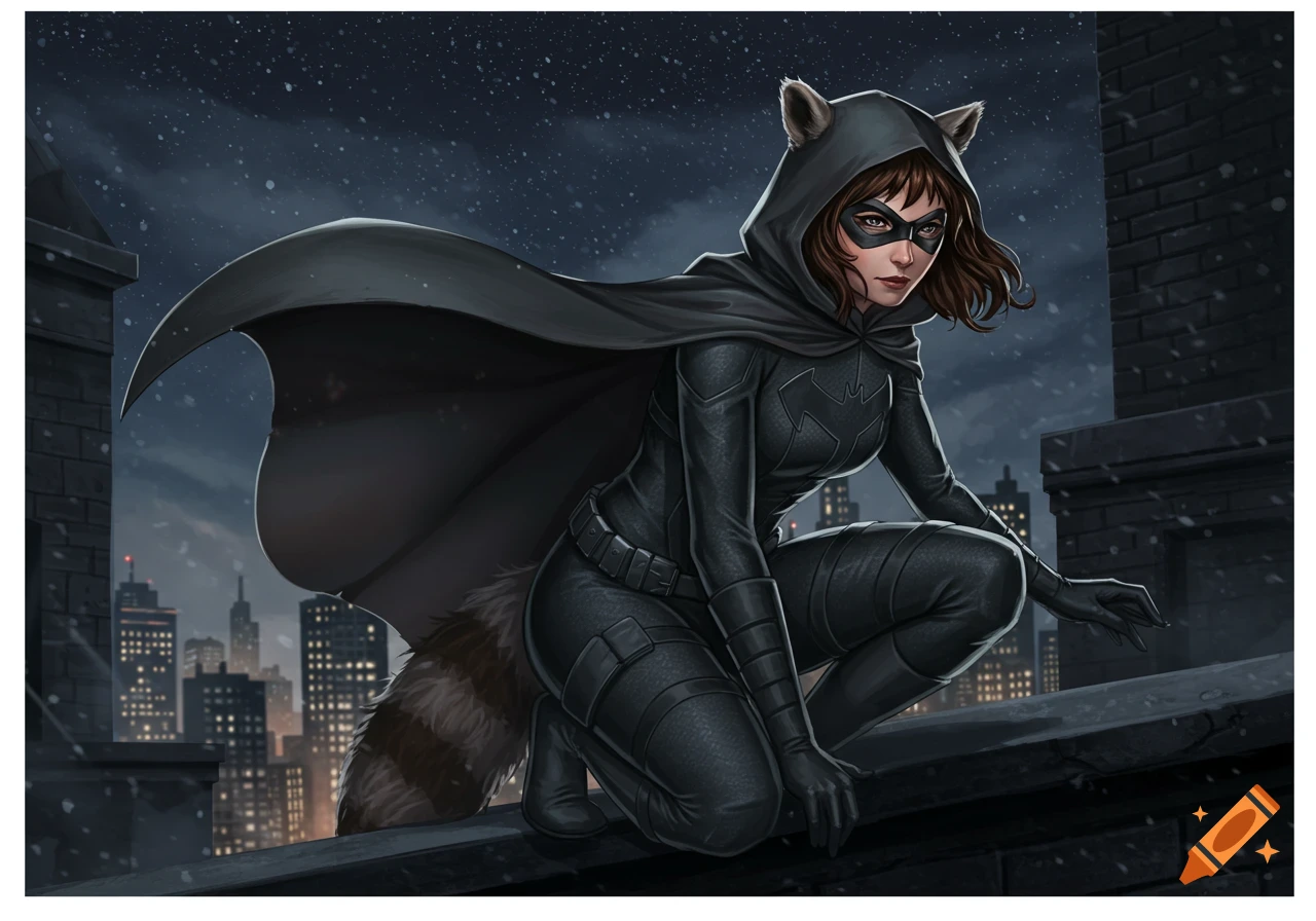 A female vigilante in a black raccoon-themed suit and hood, crouching on a snowy city rooftop at night, comic art style.