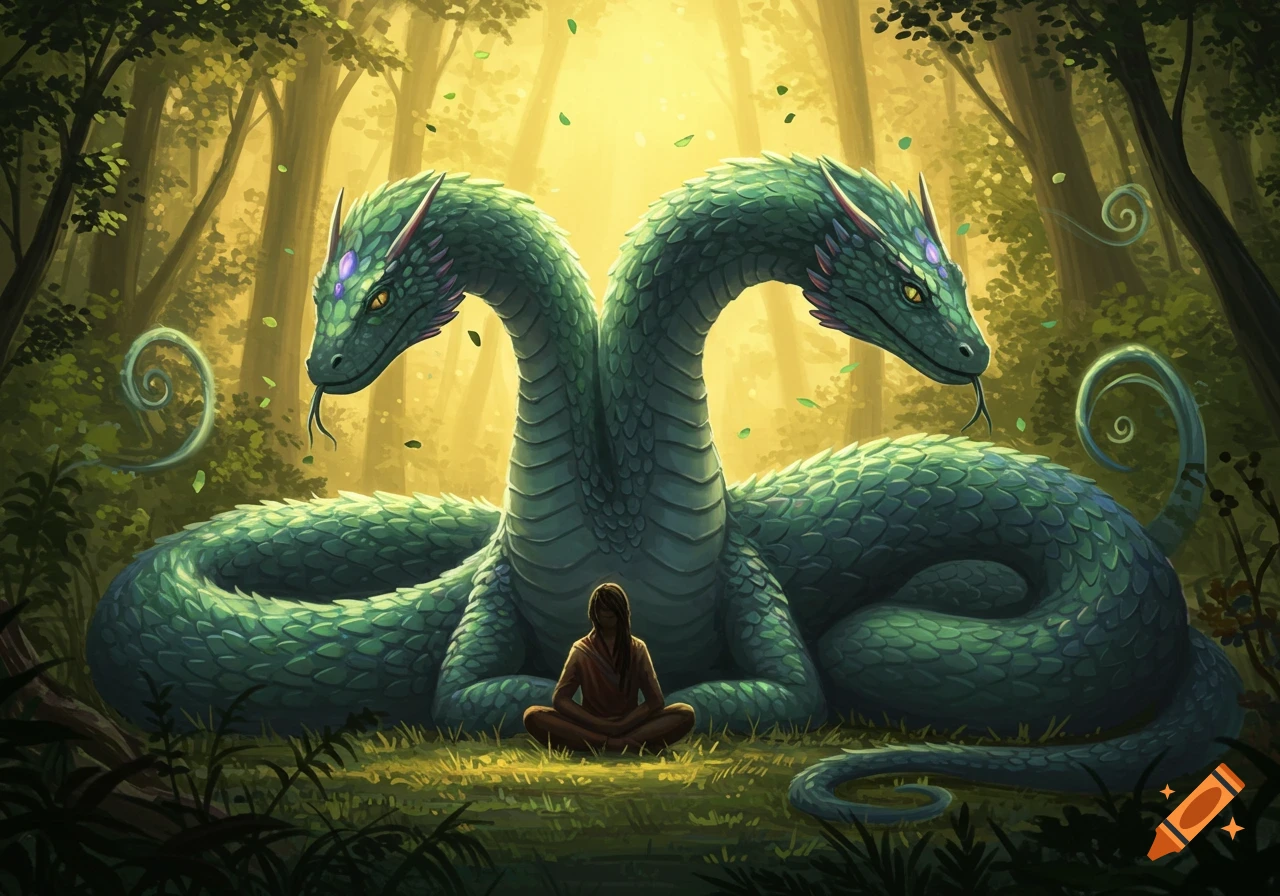 A person meditates in a lush forest before a giant two-headed green snake, bathed in golden light. Digital illustration.