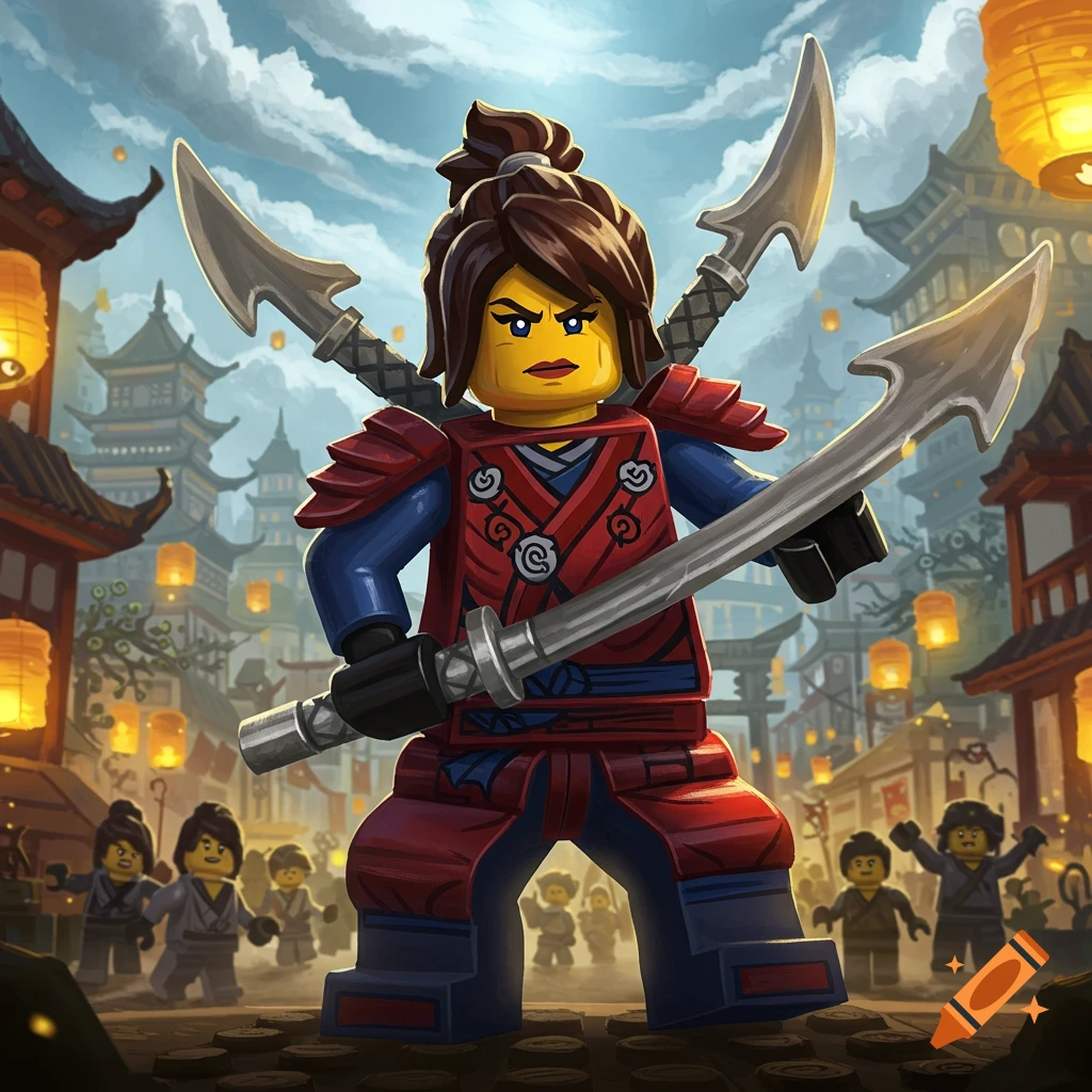 Lego Ninjago character Sora in samurai armor with a sword, standing on a stylized Asian street with other Lego figures.