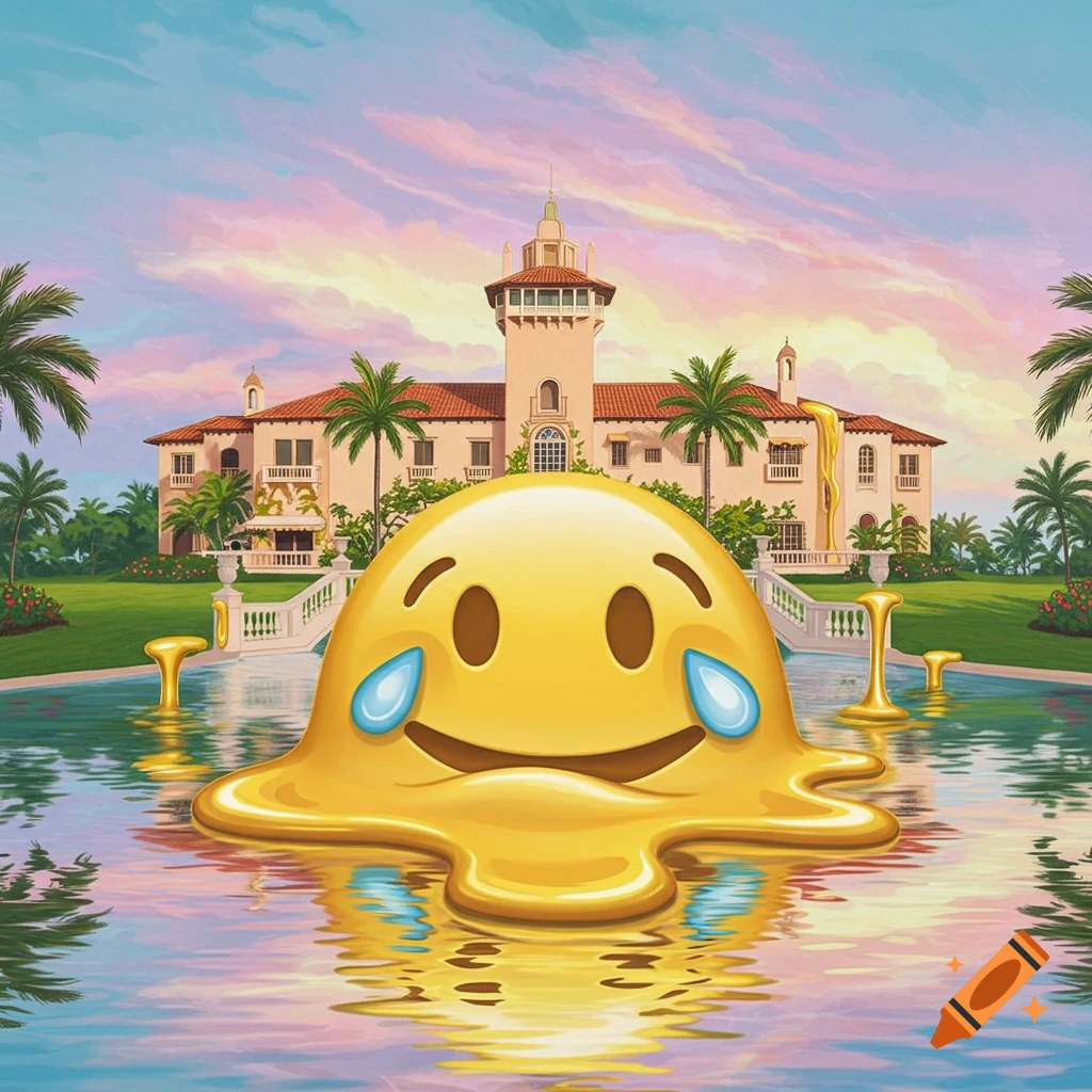 A melted yellow face emoji with tears floats in a pool before a grand Mar-A-Lago style mansion under a colorful sky.