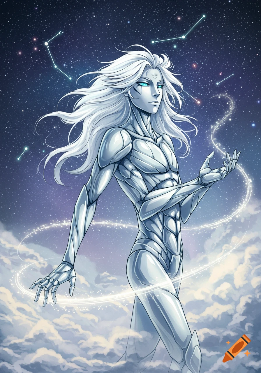 A stylized silver-skinned cosmic being with white hair and glowing blue eyes stands in a starry sky, conjuring a ring of light.