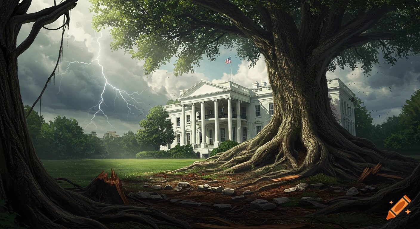 A dramatic, cinematic image of the White House merged with the colossal roots of a giant tree under a stormy sky with lightning.