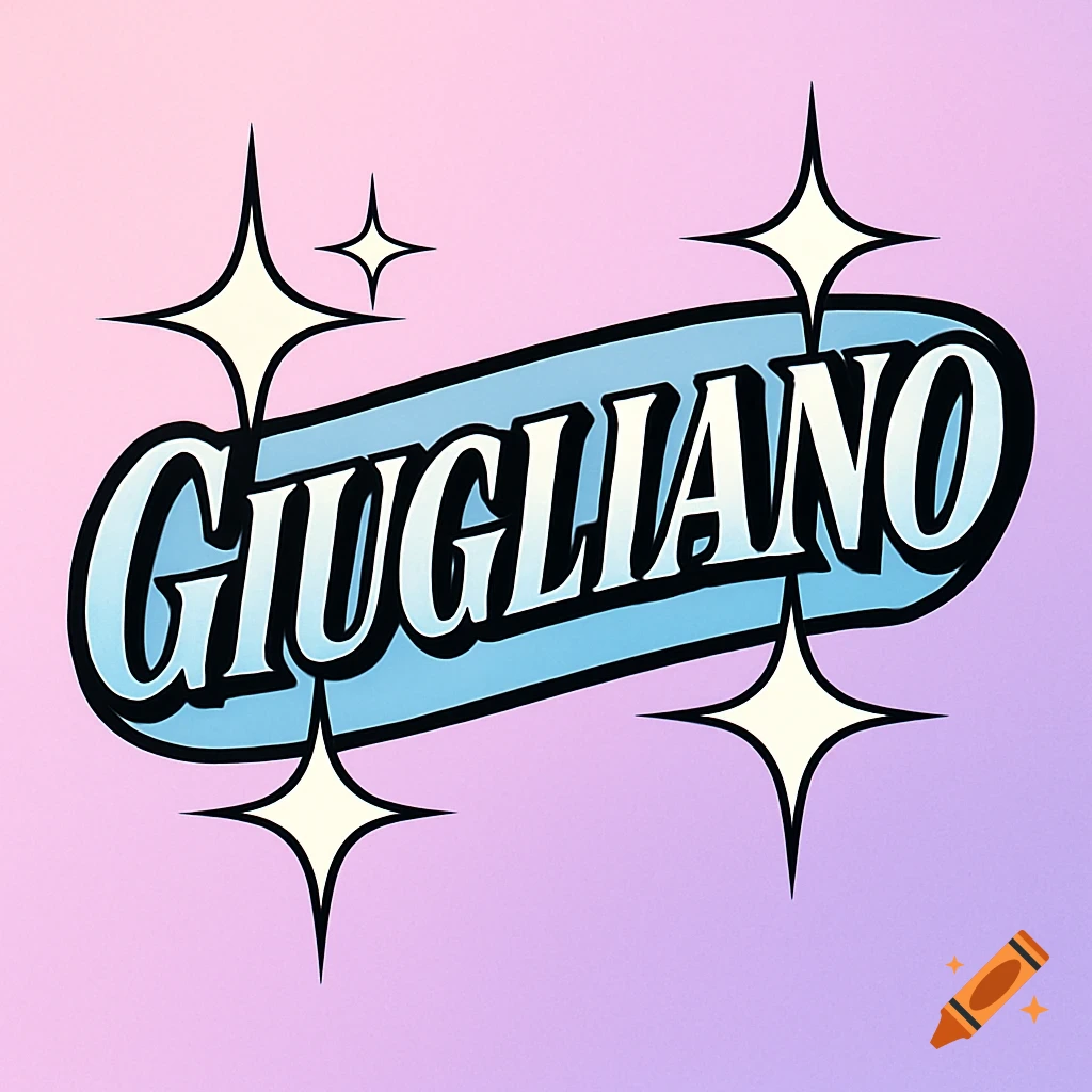 Girly logo with 'GIUGLIANO' in light blue, white, navy blue, and black outline, against a pink-purple gradient background, with white sparkle stars.