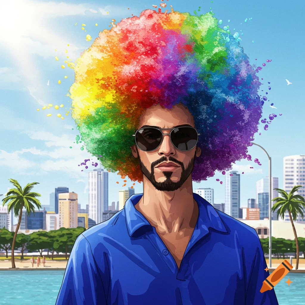 Stylized illustration of a man with a rainbow afro, sunglasses, and a blue shirt, standing before a sunny city skyline with palm trees.