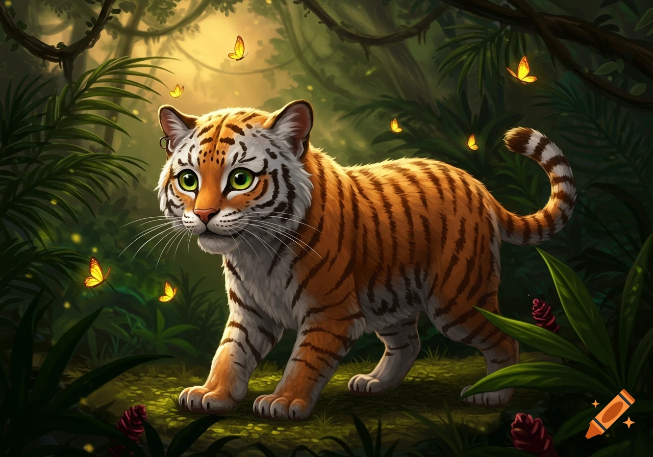 A cute, cartoonish tiger with big green eyes walks through a lush, vibrant jungle with glowing yellow butterflies.