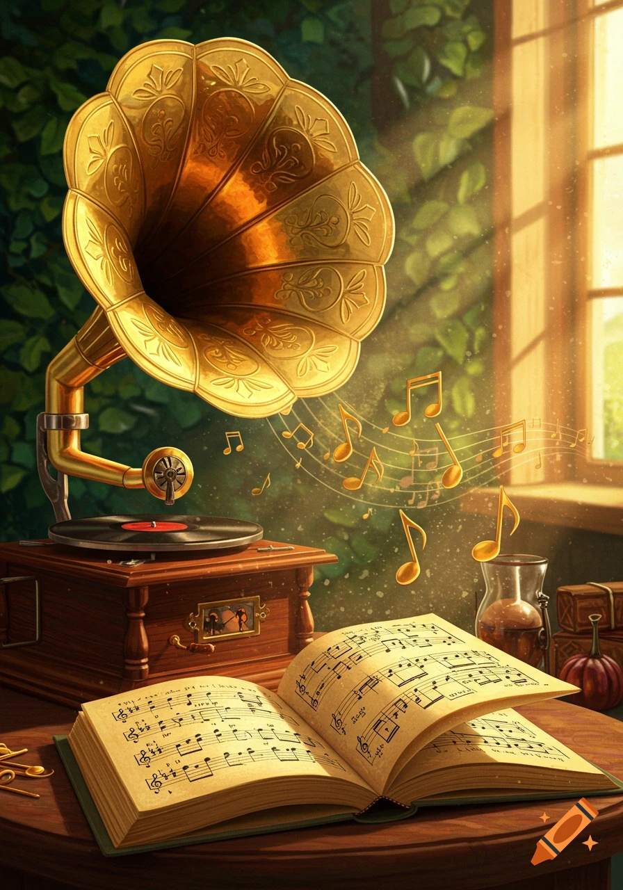 A vintage golden gramophone plays music with notes floating, next to an open sheet music book on a wooden table bathed in sunlight.