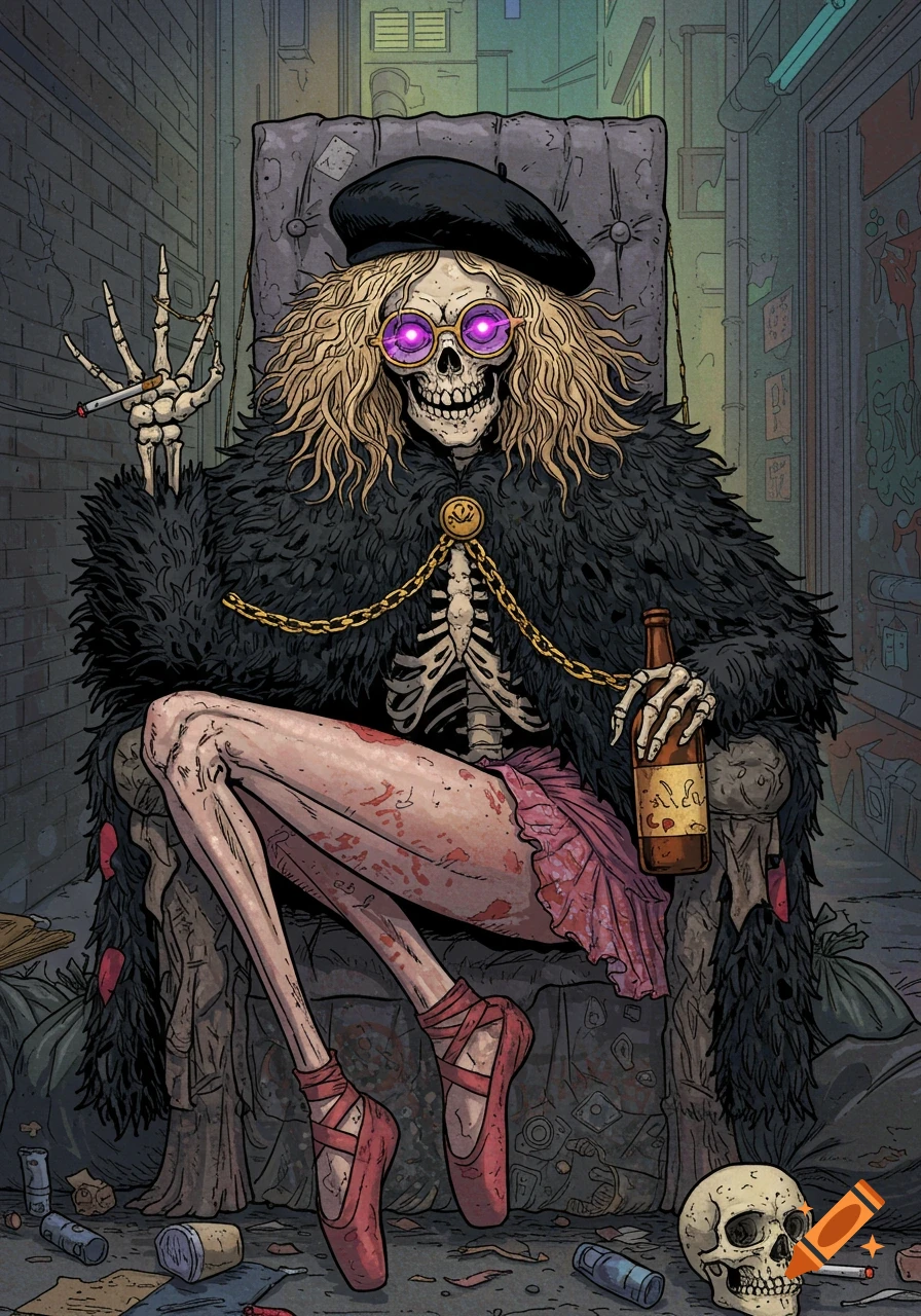 A stylized skeleton with blonde hair, purple glasses, black beret, and a feathered cape sits on a trash throne in a dark alley, smoking a cigarette and holding a beer bottle. It wears a pink ballet outfit and shoes, with red marks on its legs.