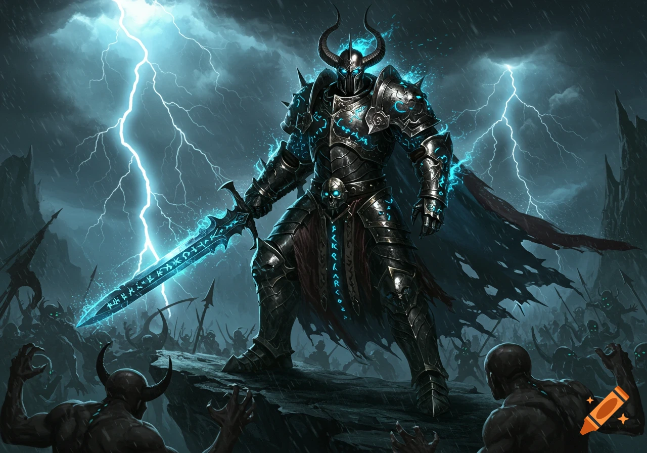 A dark armored fantasy warrior with glowing blue runes and horns stands with a glowing sword amidst a stormy battlefield, surrounded by horned demons.