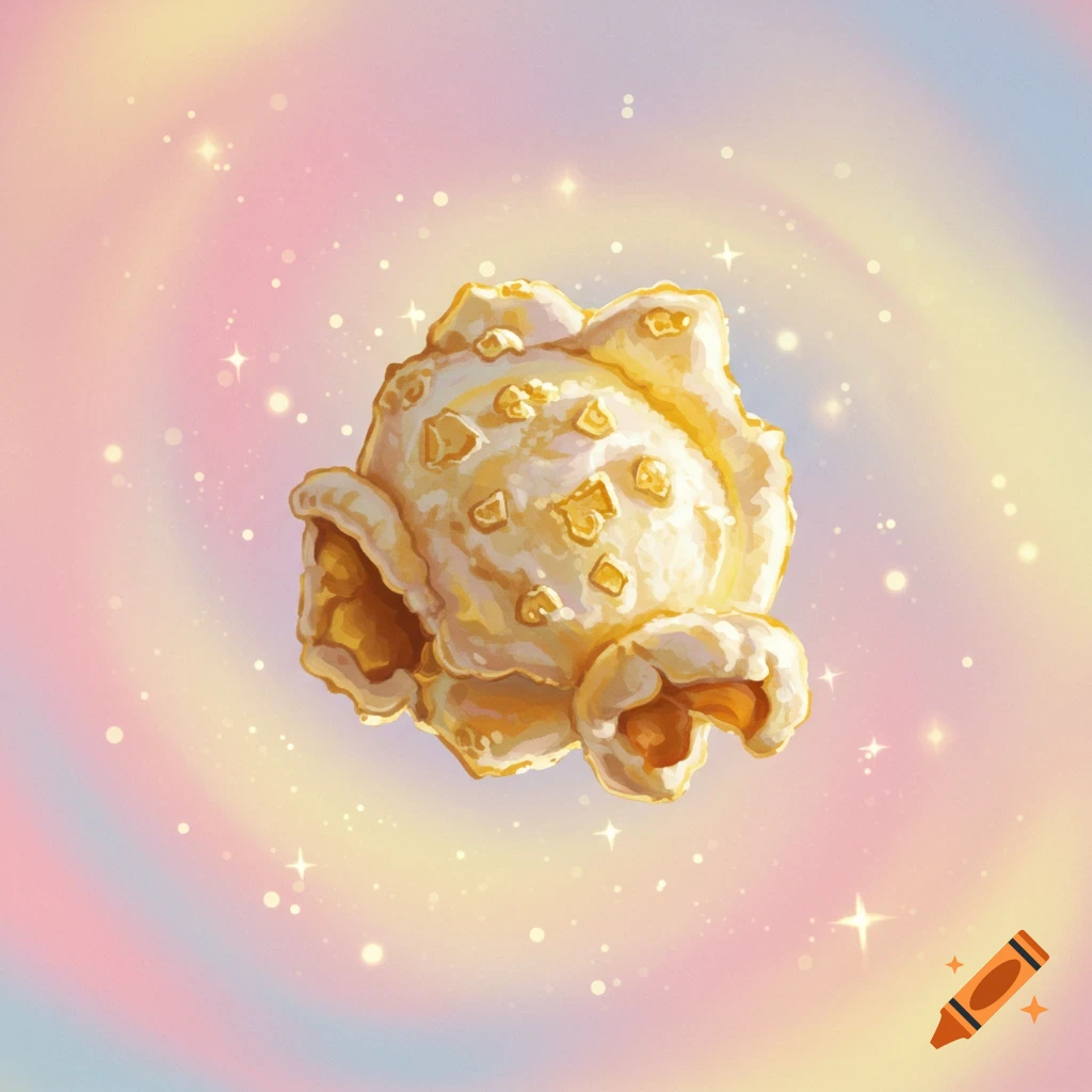 A whimsical illustration of a single popcorn kernel floating against a pastel pink, blue, and yellow background with sparkling stars.