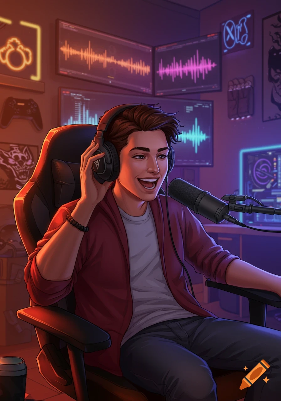 A smiling young man with dark hair wears headphones and speaks into a microphone, sitting in a gaming chair in a dimly lit room with multiple screens displaying sound waves and gaming-themed decor, rendered in a digital illustration style.