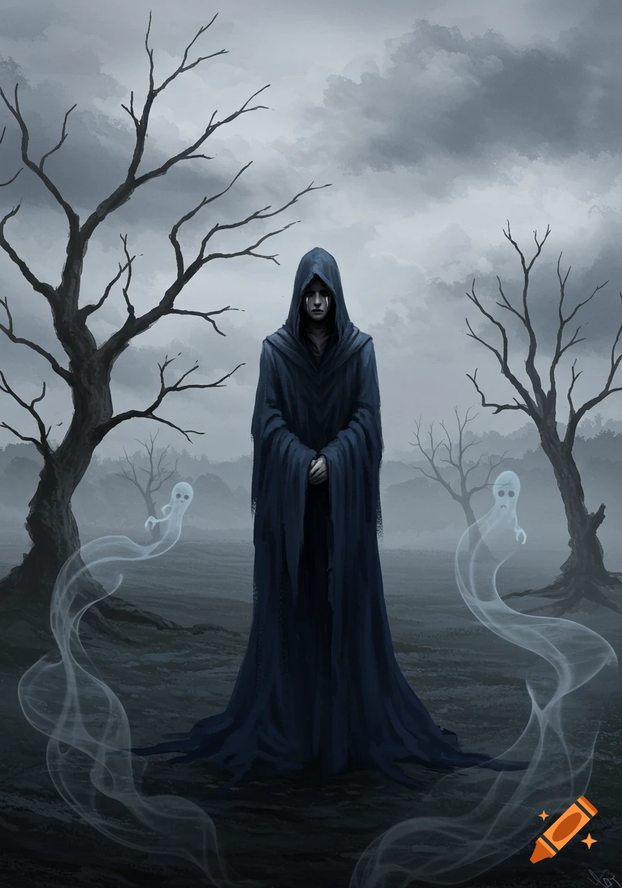A dark fantasy art piece shows a crying hooded figure in a dark robe standing in a desolate landscape with bare trees and two ghosts.