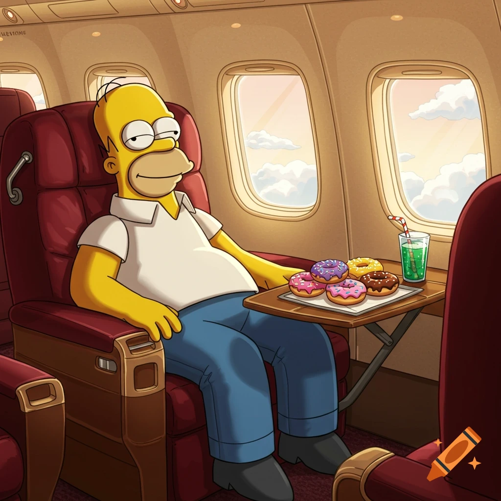 Homer Simpson relaxes in a first-class airplane seat, enjoying donuts and a green drink.