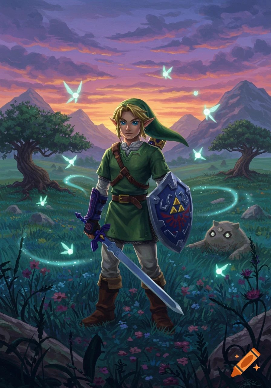 Link stands in a grassy field with colorful flowers and glowing fairies, holding a sword and shield against a vibrant sunset sky and mountains.