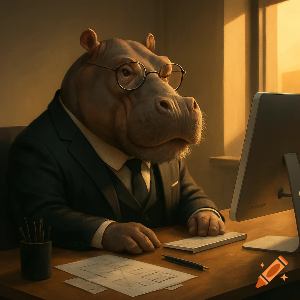 A detailed digital painting of an anthropomorphic hippo in a black suit, glasses, and a beard, sitting at a desk and looking at a computer monitor.