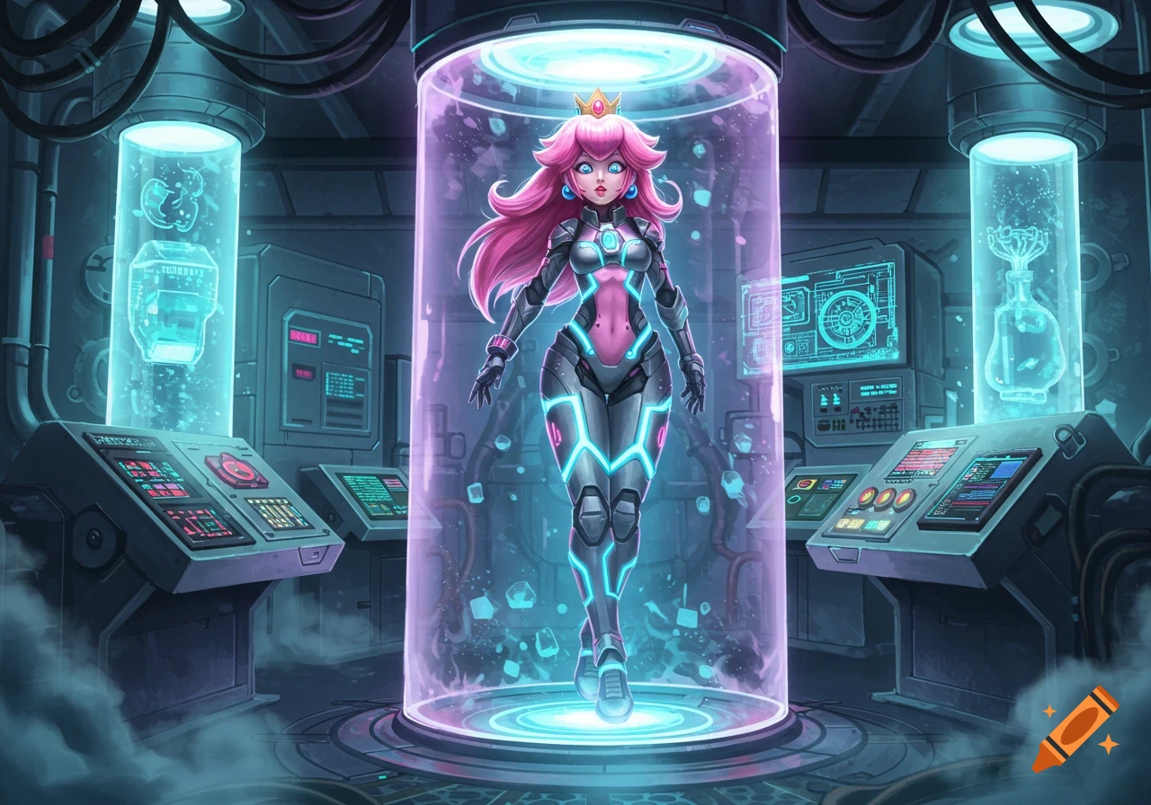 Princess Peach in a futuristic superhero suit, frozen in a glowing stasis tube within a sci-fi laboratory, rendered in an anime style.