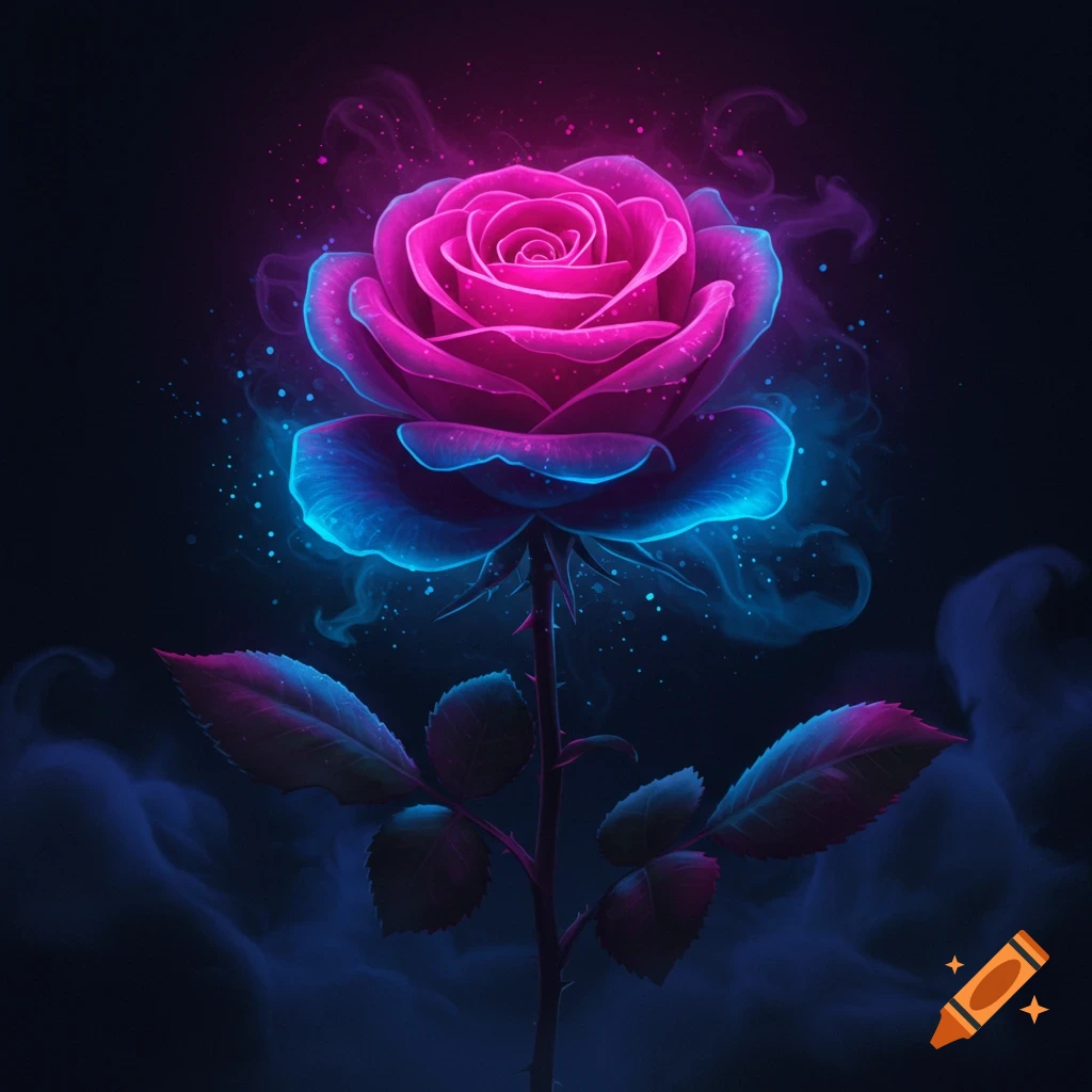 A majestic neon rose glowing with vibrant pink and blue light in a cyberpunk style against a dark background.