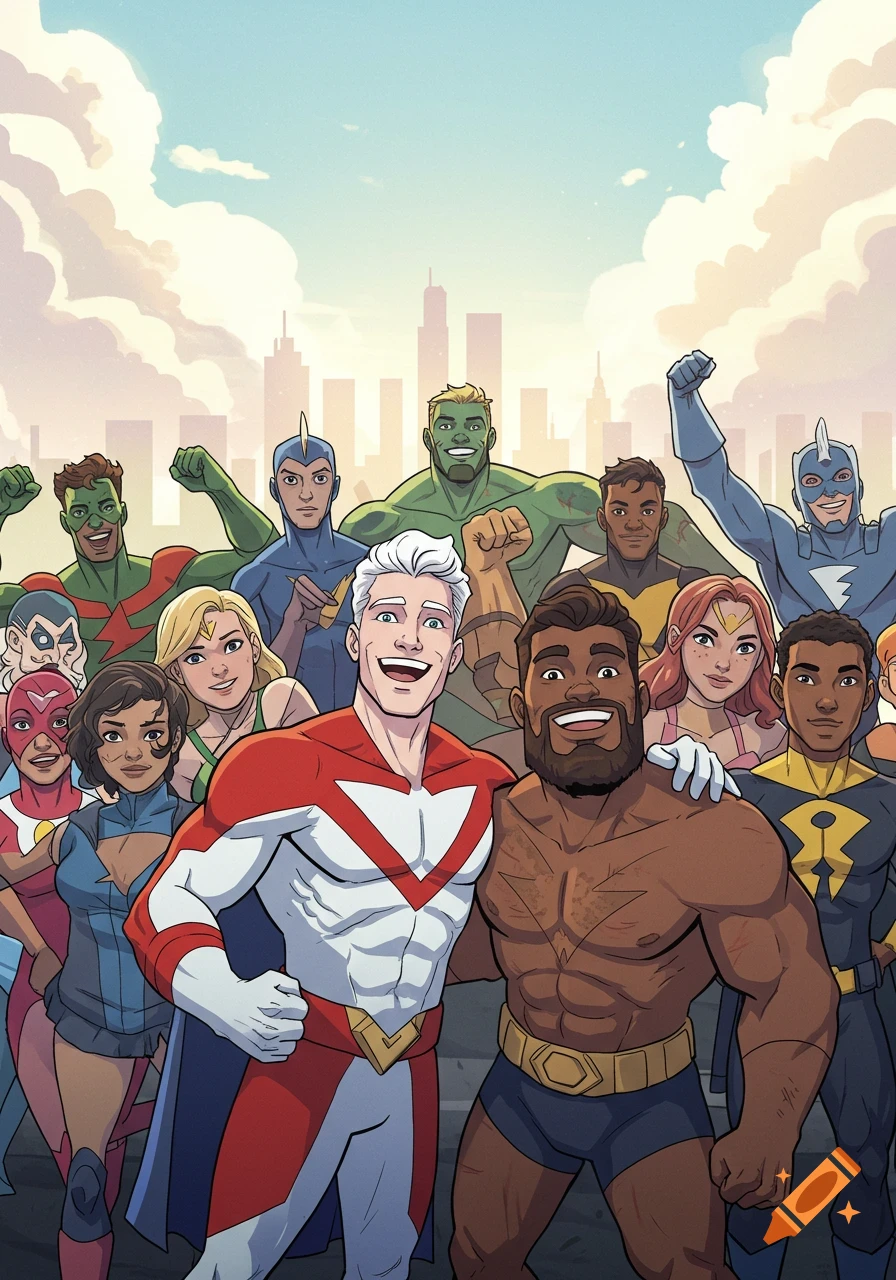A cartoon illustration of a diverse group of smiling superheroes posing together with a city skyline in the background.