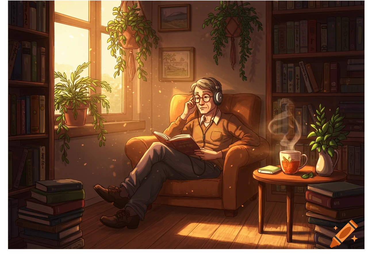 An illustrated man with headphones reads a book in a sunlit, cozy library room filled with bookshelves and plants.