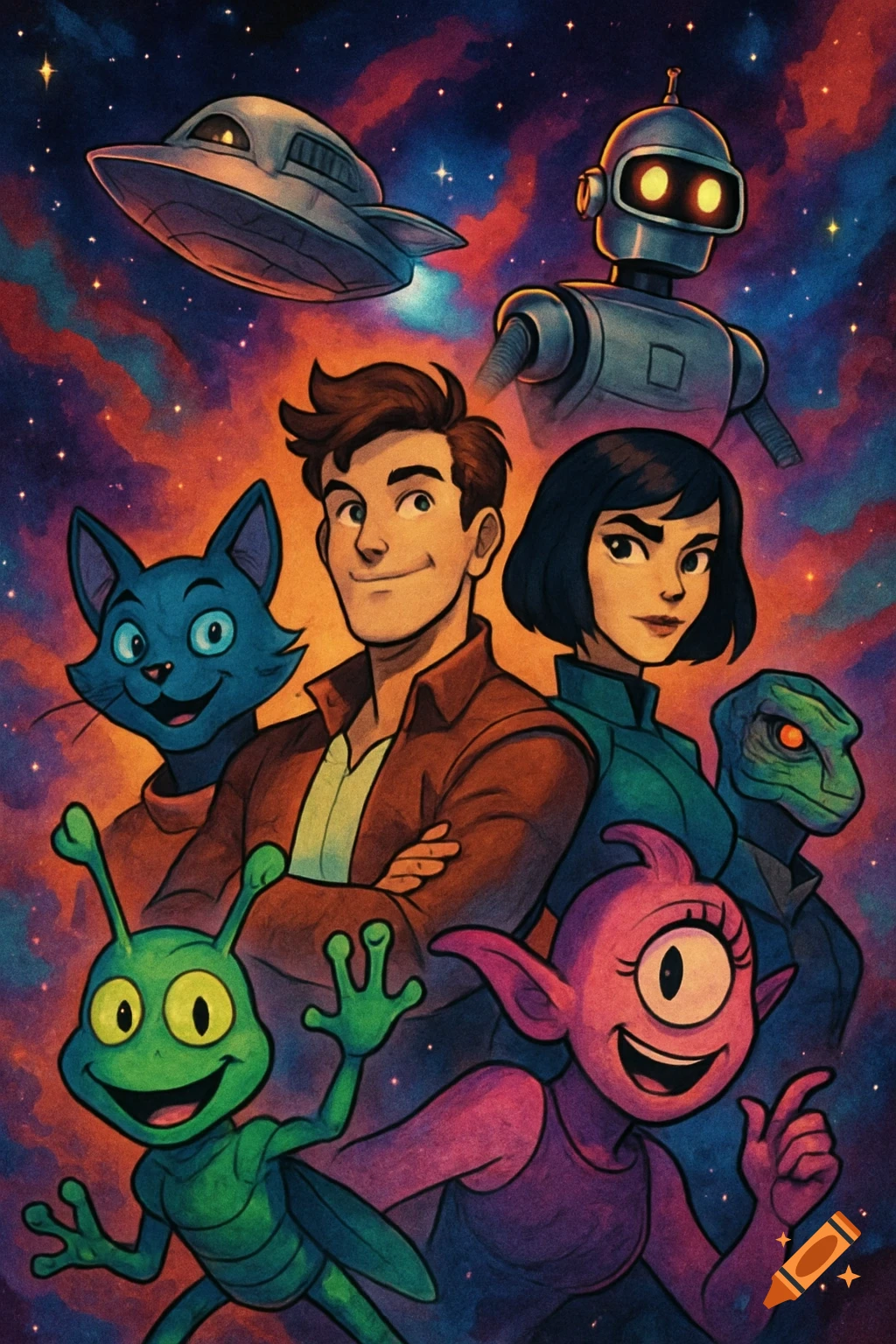 A cartoon sci-fi poster showing a diverse group of human, alien, and robot characters in a starry space scene.
