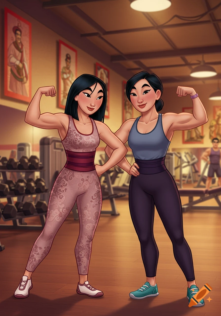 Cartoon Mulan and her mom flex their biceps at the gym, wearing athletic attire.