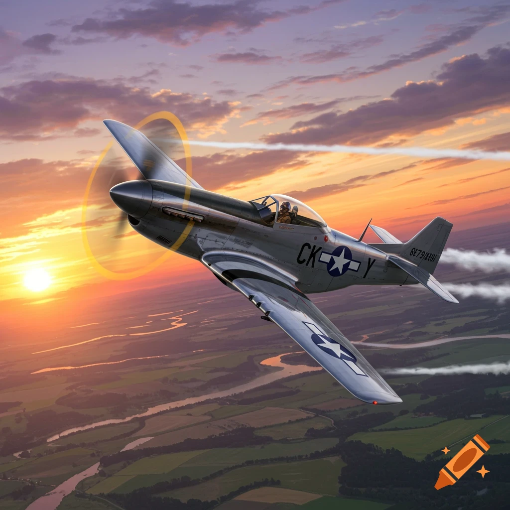 Photorealistic P-51 Mustang airplane flying over a green landscape at sunset with a dramatic sky.