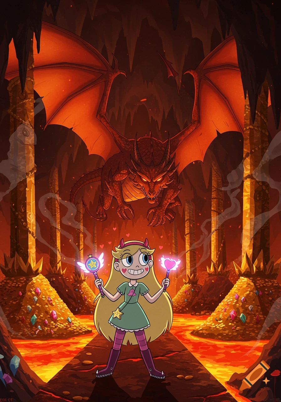 Star Butterfly with magic wands in a fiery treasure cave, a red dragon looming above her, in a cartoon style.