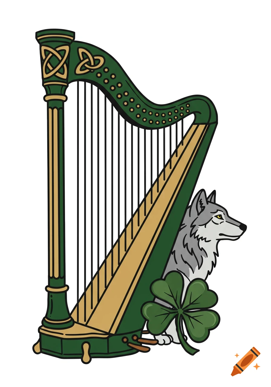Stylized green and gold Irish harp with Celtic knots, a gray wolf, and a four-leaf clover.