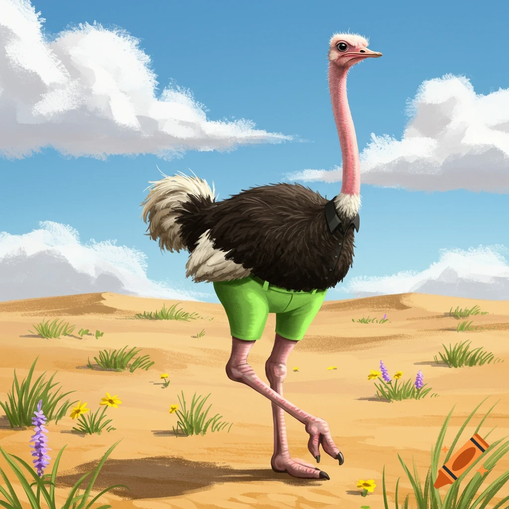 An illustrated ostrich wearing green shorts and a black shirt stands in a sandy desert under a blue sky.