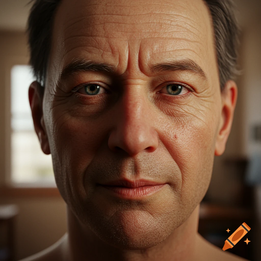 A photorealistic close-up portrait of a middle-aged man with blue eyes and a wrinkled forehead.