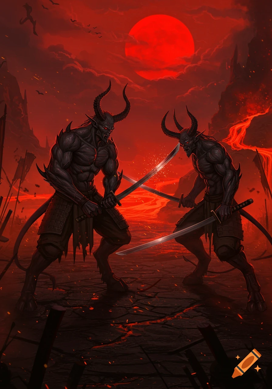 Two horned demon warriors in samurai armor wield katanas in a dark, fiery, red landscape under a blood-red sun.