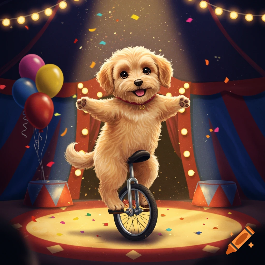 A cute, fluffy puppy balancing on a unicycle under a spotlight on a circus stage, with balloons and confetti.