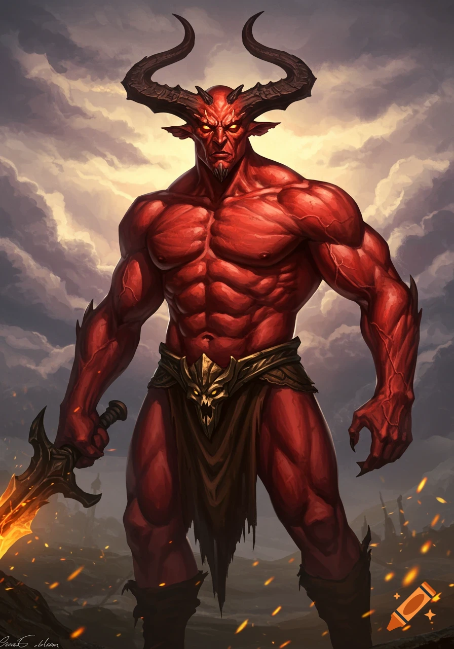A muscular, red-skinned demon with large horns and glowing eyes stands with a fiery sword against a stormy sky, digital art.