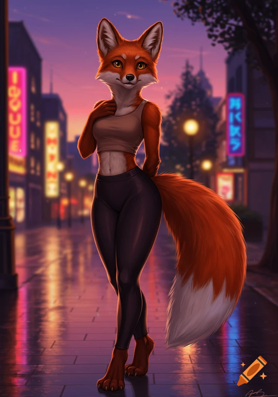An anthropomorphic fox girl in a crop top and leggings stands on a wet city street at dusk, with neon lights reflecting around her.