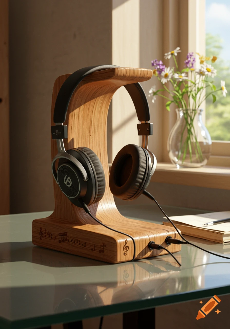 Black headphones on a stylish wooden stand engraved with musical notes, set on a table by a sunlit window with flowers.