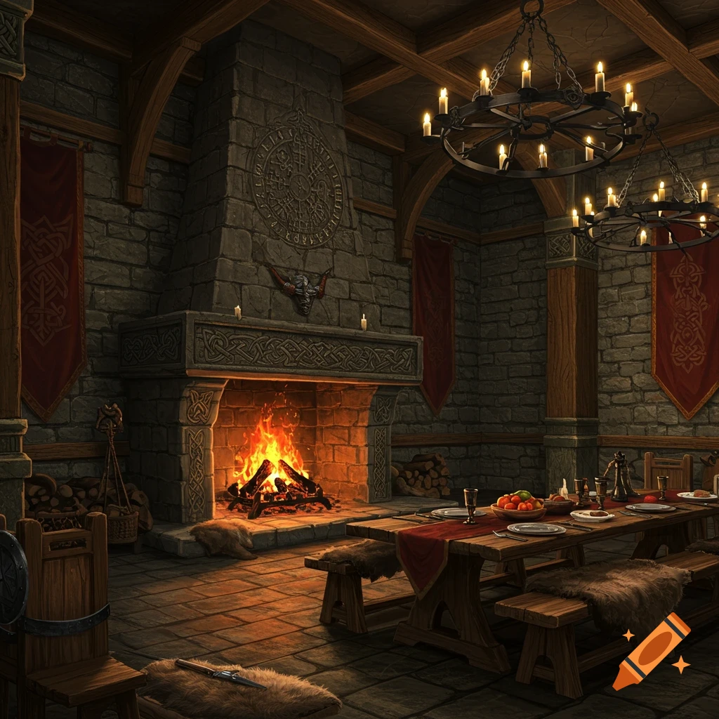 A grand Viking-themed stone hall with a large fireplace, heavy wooden dining table with benches, and intricate chandeliers.