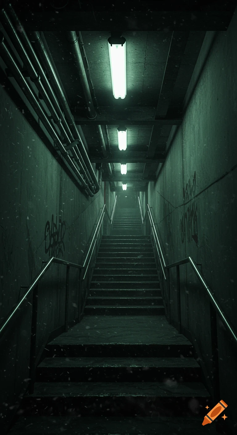 A dark, uninviting concrete stairwell with industrial pipes, glowing fluorescent lights, and faint graffiti, depicting a grimy urban scene.
