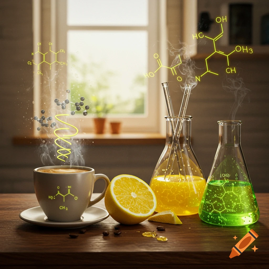 A coffee cup, cut lemon, and two scientific flasks on a wooden table, with glowing chemical structures and steam rising from the cup. Photorealistic style.