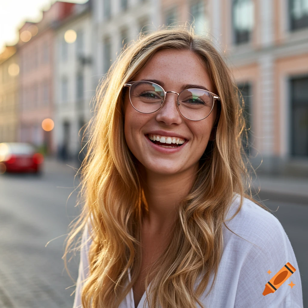 Smiling blonde woman with freckles wearing round glasses, illuminated by golden hour light on a city street.